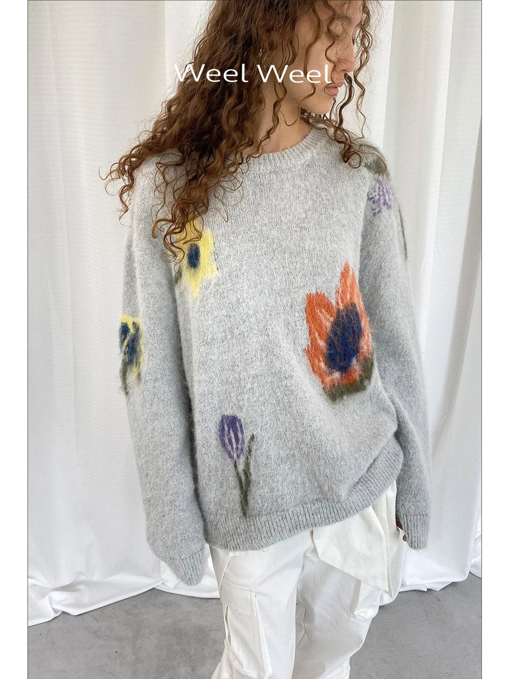 Grey Floral Knit Sweater