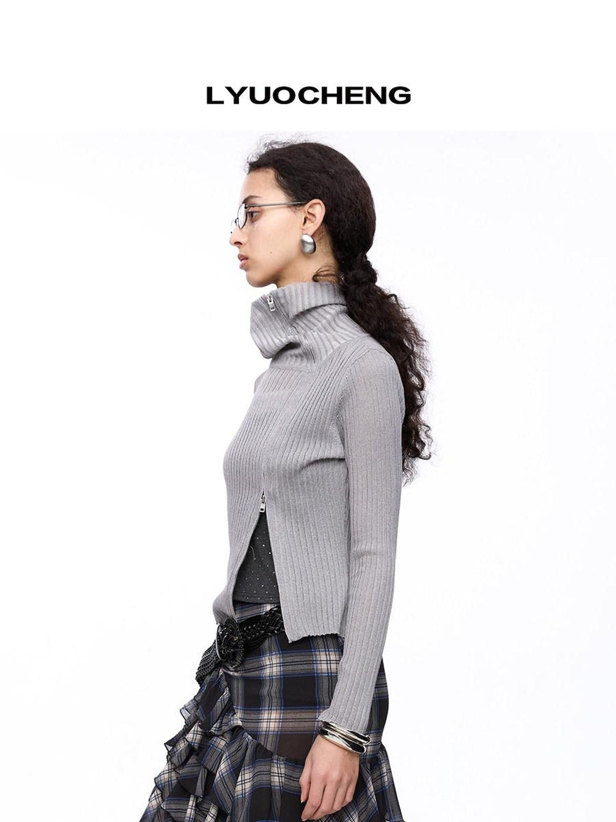 Light Grey Asymmetric Zip Large Lapel Slim Fit Women's Viscose Cardigans