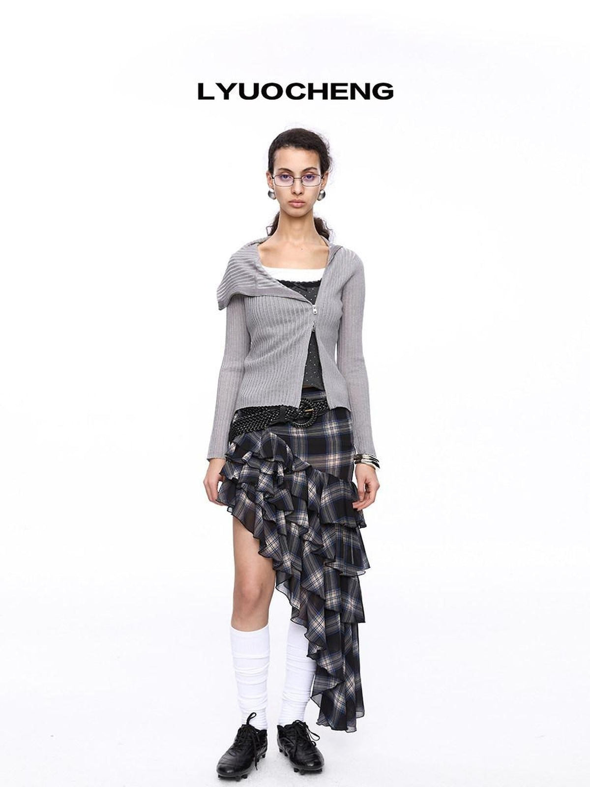 Light Grey Asymmetric Zip Large Lapel Slim Fit Women's Viscose Cardigans