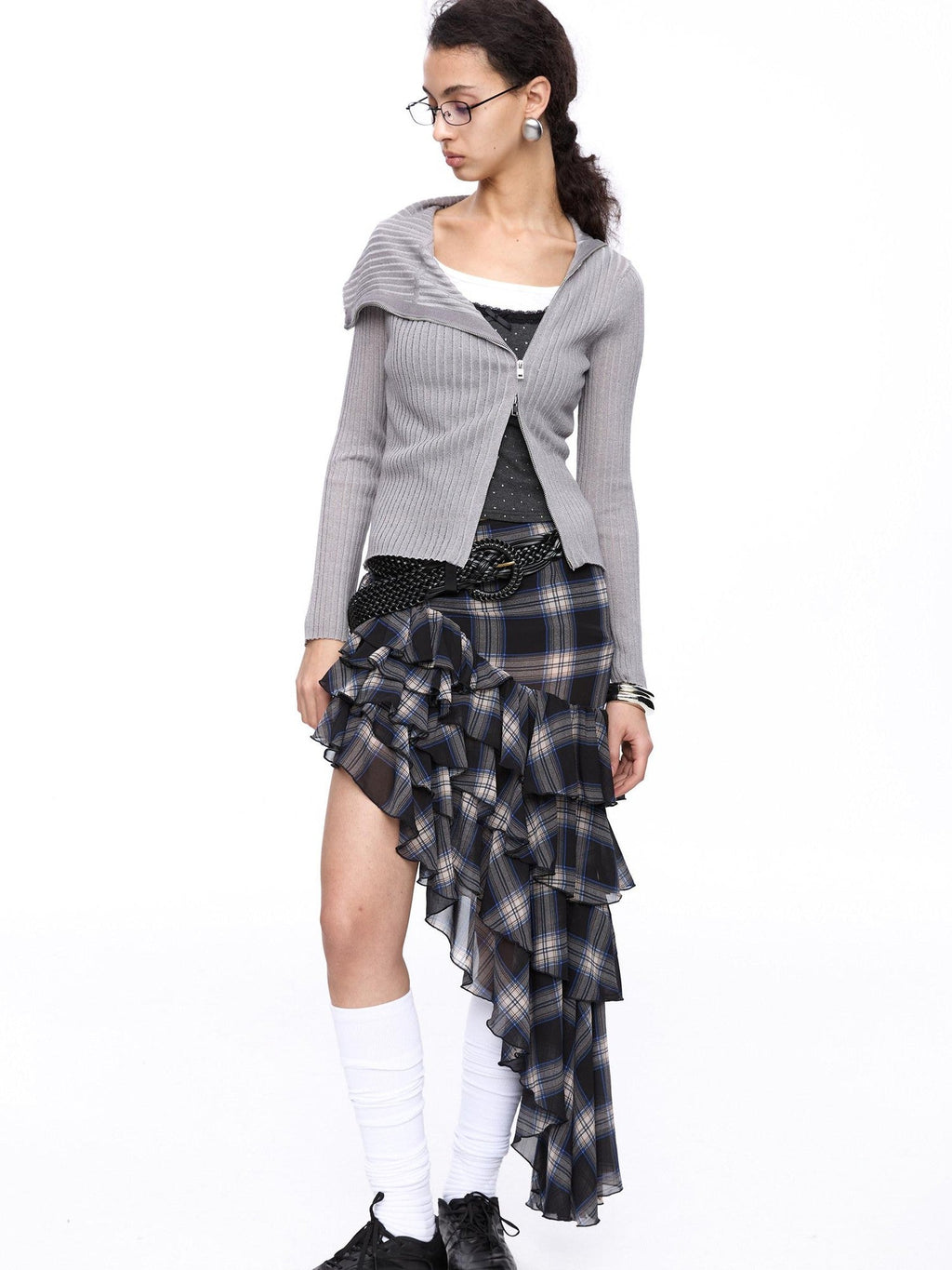 Light Grey Asymmetric Zip Large Lapel Slim Fit Women's Viscose Cardigans