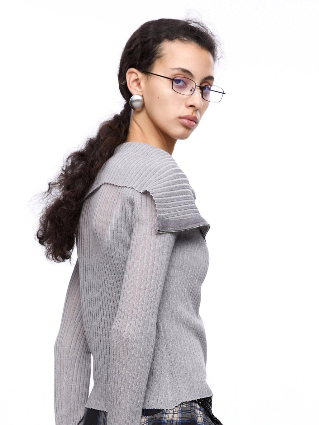Light Grey Asymmetric Zip Large Lapel Slim Fit Women's Viscose Cardigans
