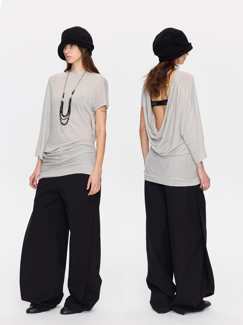 Open Back Irregular Batwing Draped Neck Women's Lyocell Short Sleeve T-shirts