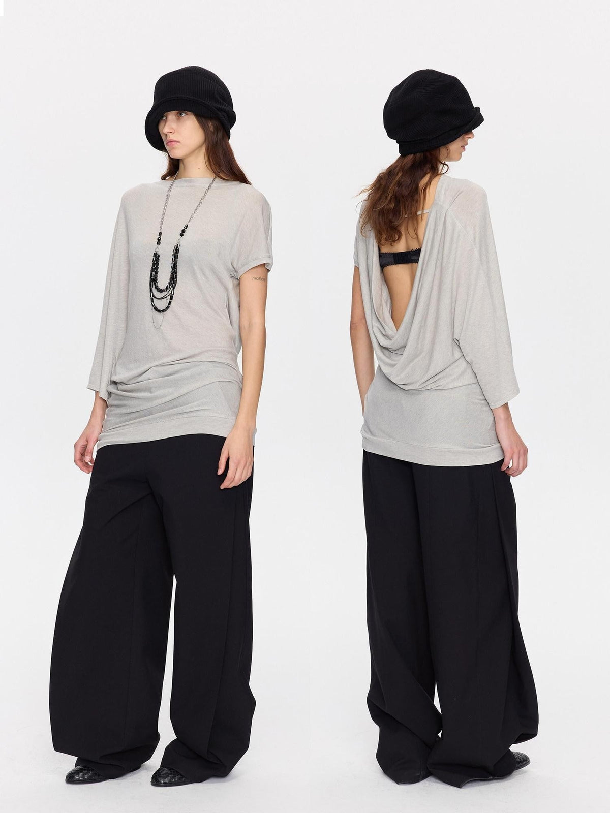 Open Back Irregular Batwing Draped Neck Women's Lyocell Short Sleeve T-shirts