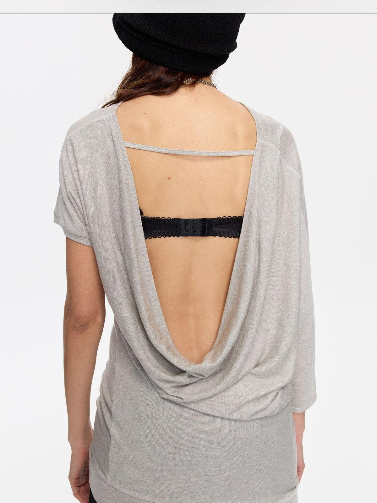 Open Back Irregular Batwing Draped Neck Women's Lyocell Short Sleeve T-shirts