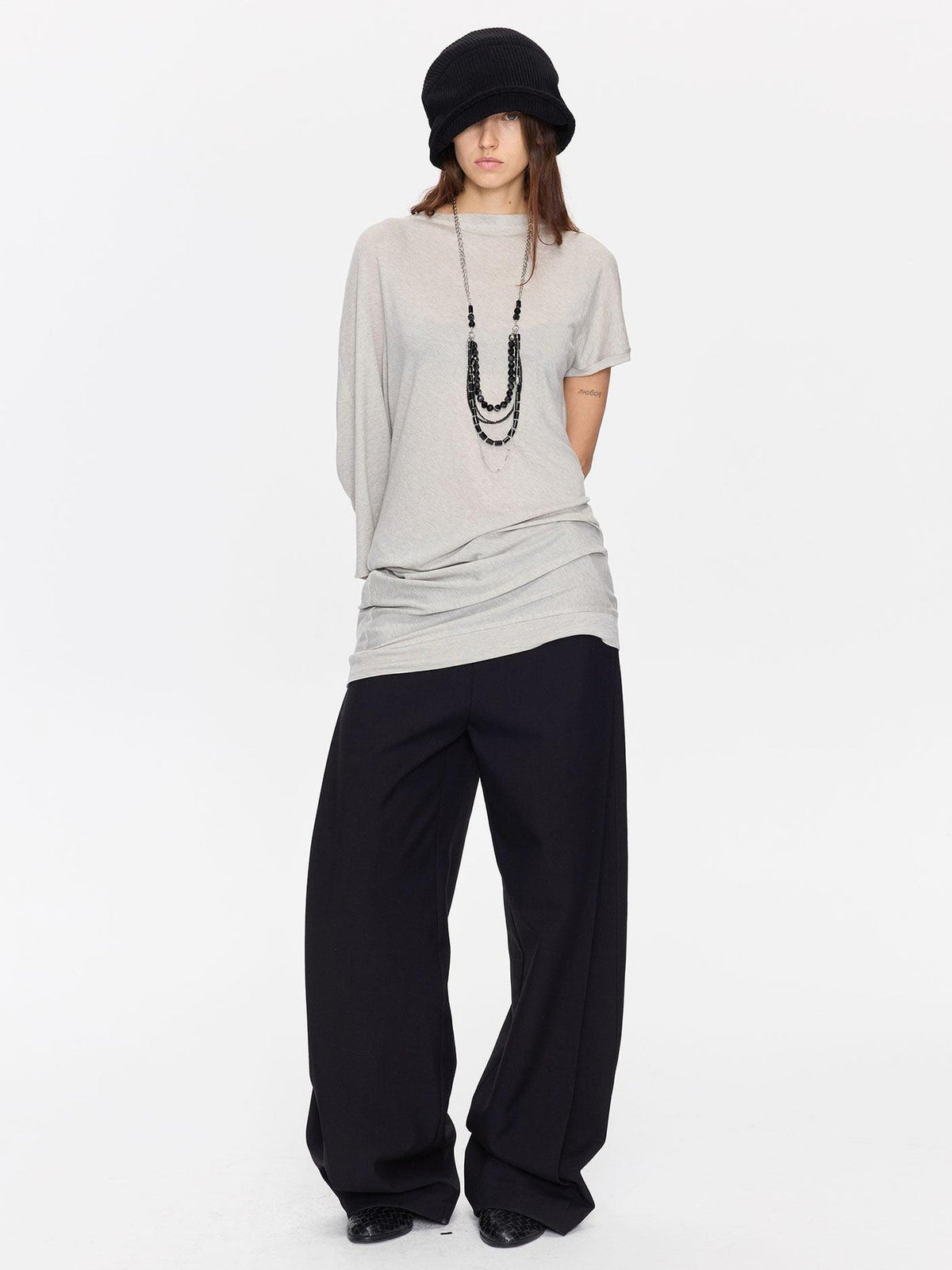 Open Back Irregular Batwing Draped Neck Women's Lyocell Short Sleeve T-shirts