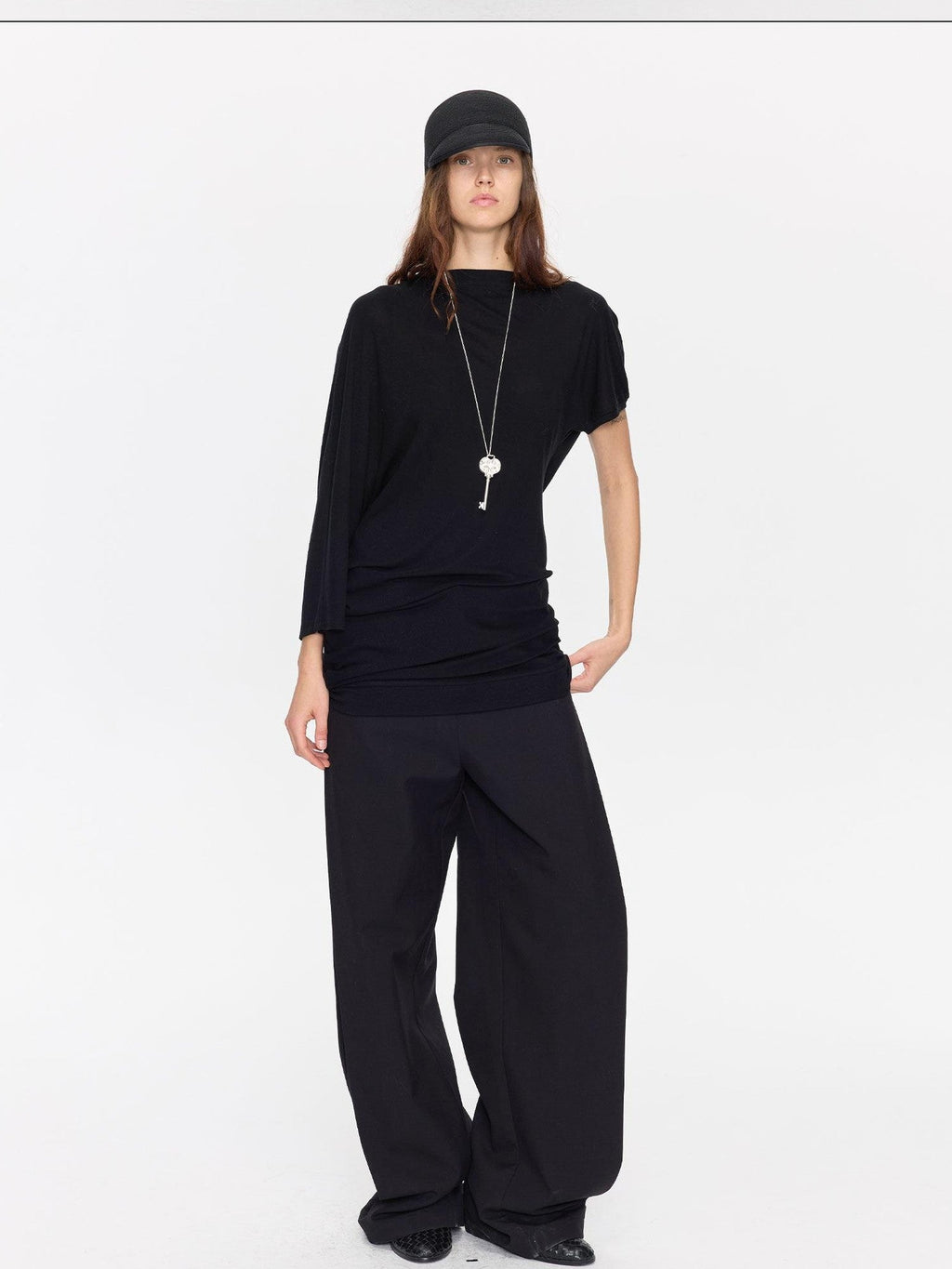 Open Back Irregular Batwing Draped Neck Women's Lyocell Short Sleeve T-shirts
