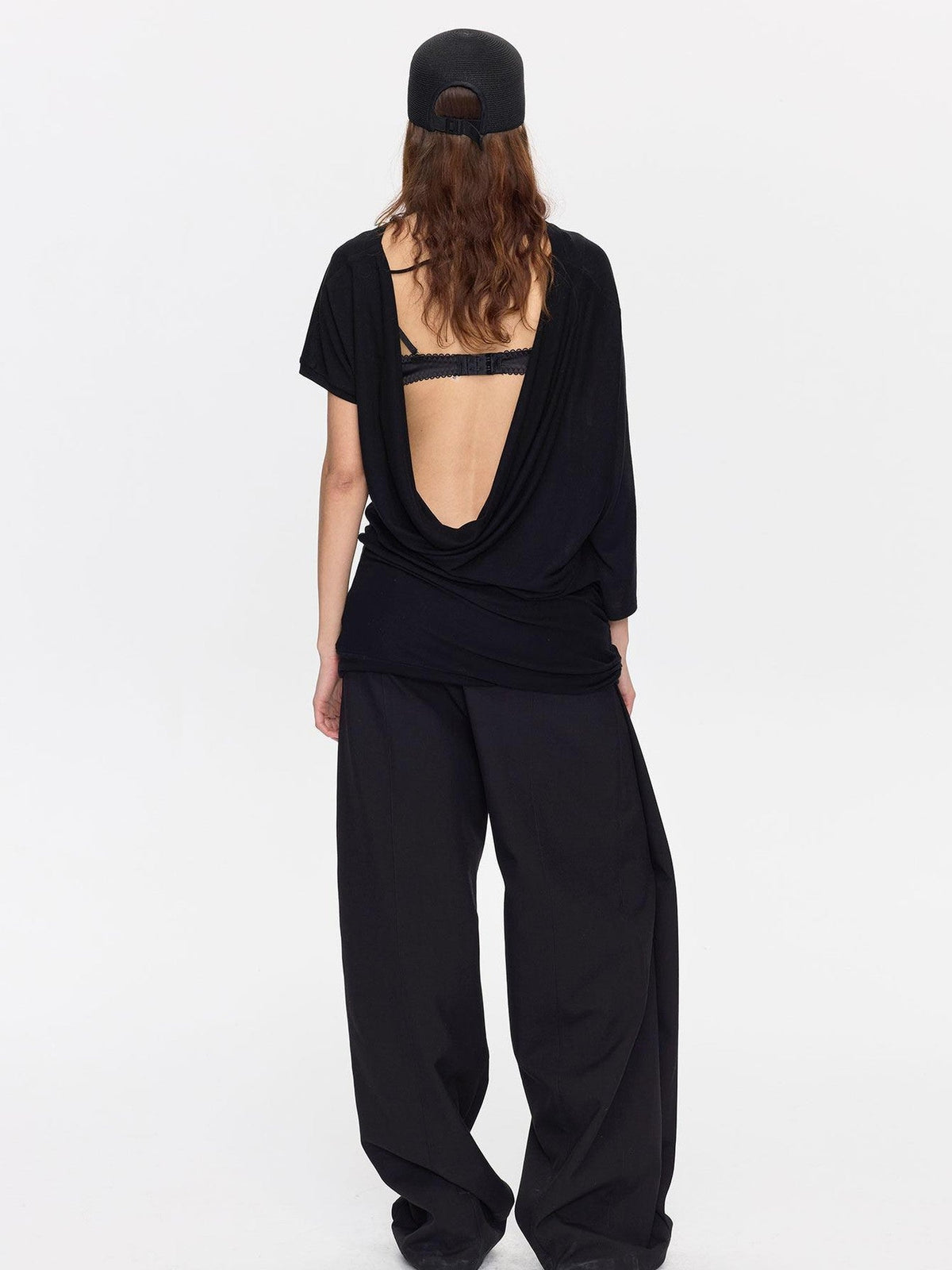 Open Back Irregular Batwing Draped Neck Women's Lyocell Short Sleeve T-shirts