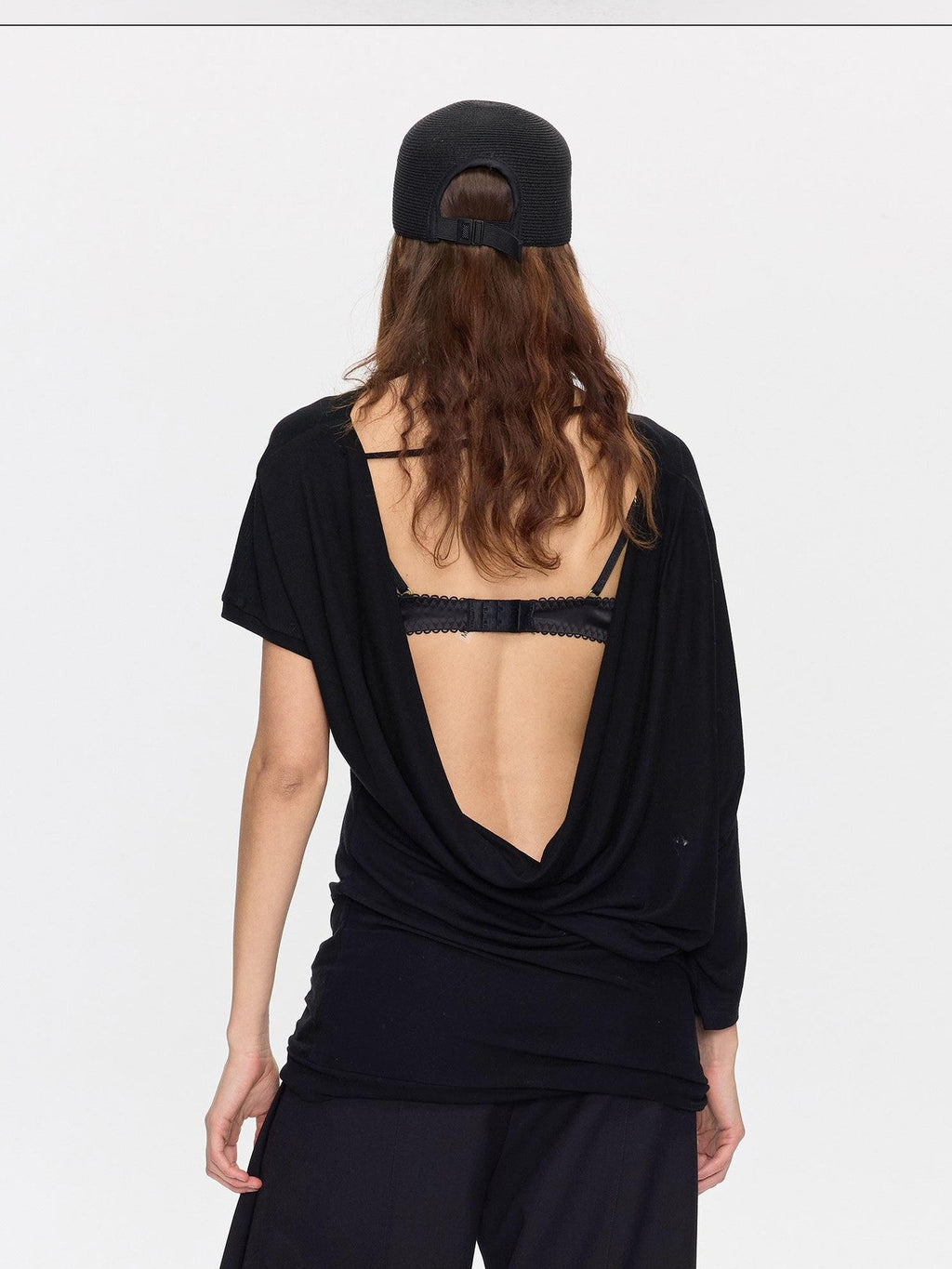 Open Back Irregular Batwing Draped Neck Women's Lyocell Short Sleeve T-shirts