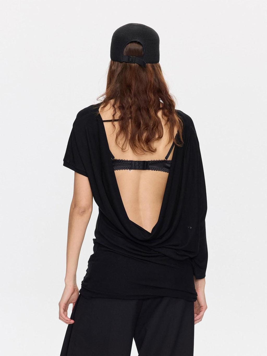 Open Back Irregular Batwing Draped Neck Women's Lyocell Short Sleeve T-shirts