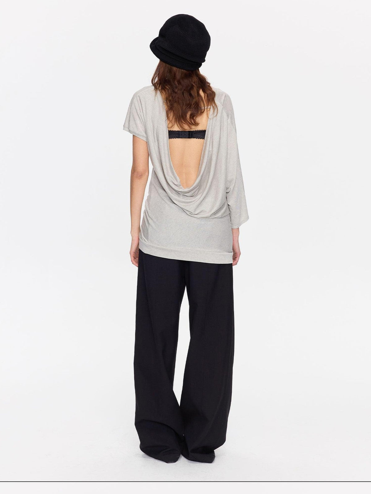 Open Back Irregular Batwing Draped Neck Women's Lyocell Short Sleeve T-shirts