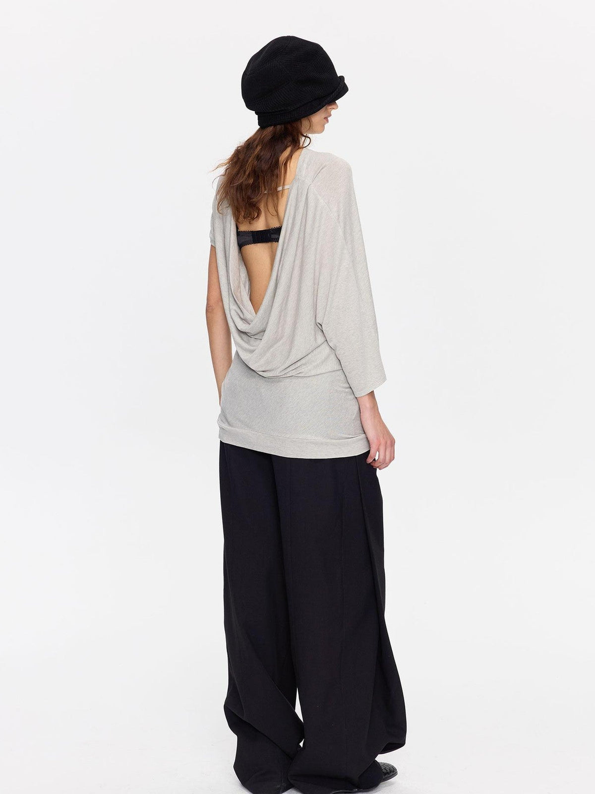Open Back Irregular Batwing Draped Neck Women's Lyocell Short Sleeve T-shirts