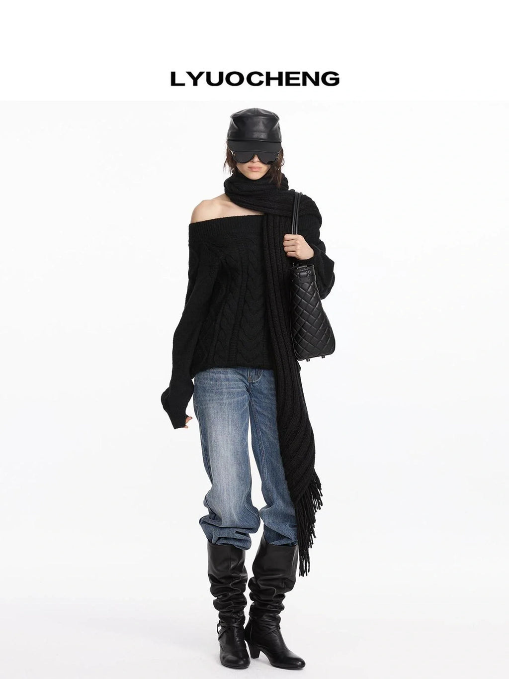 Oversized Off Shoulder Cable Knit Wool Sweater