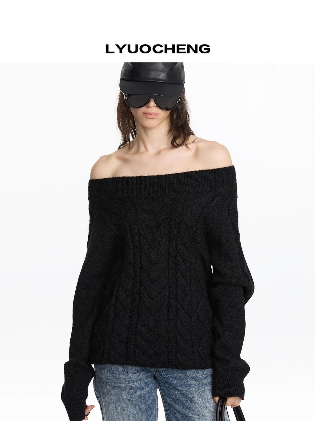 Oversized Off Shoulder Cable Knit Wool Sweater
