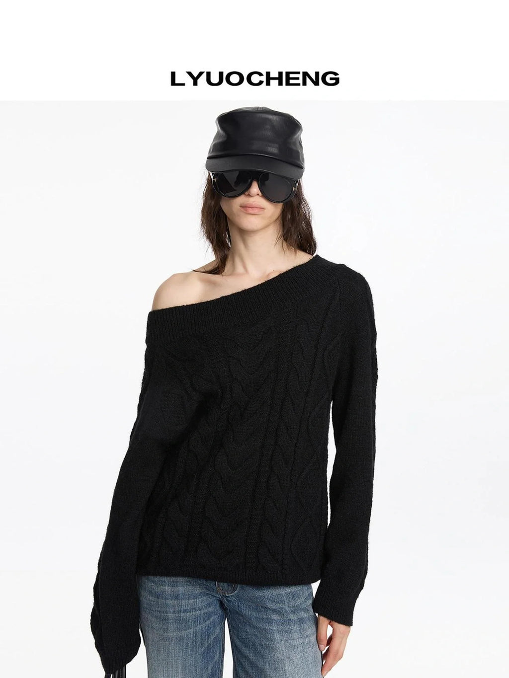 Oversized Off Shoulder Cable Knit Wool Sweater