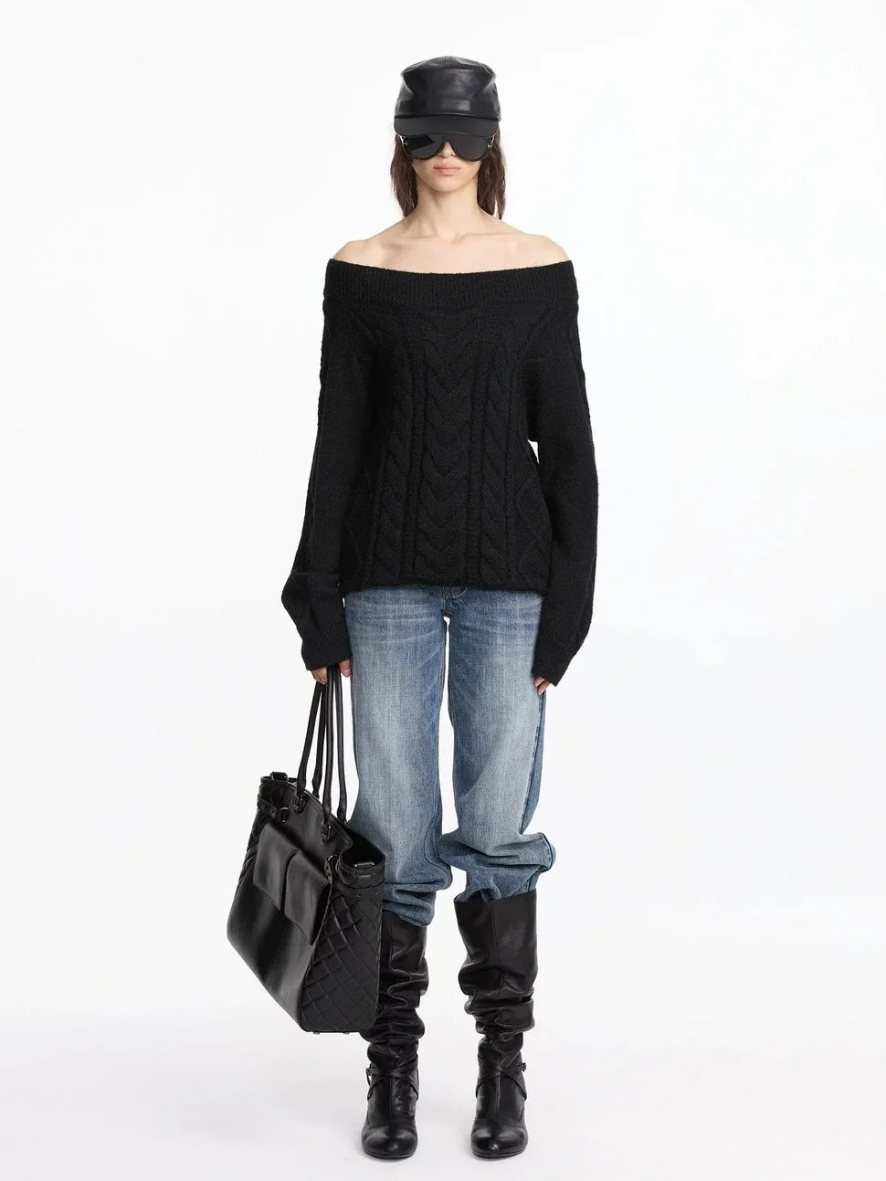 Oversized Off Shoulder Cable Knit Wool Sweater