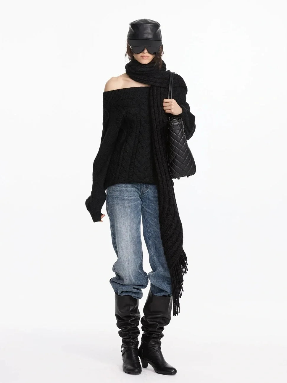 Oversized Off Shoulder Cable Knit Wool Sweater
