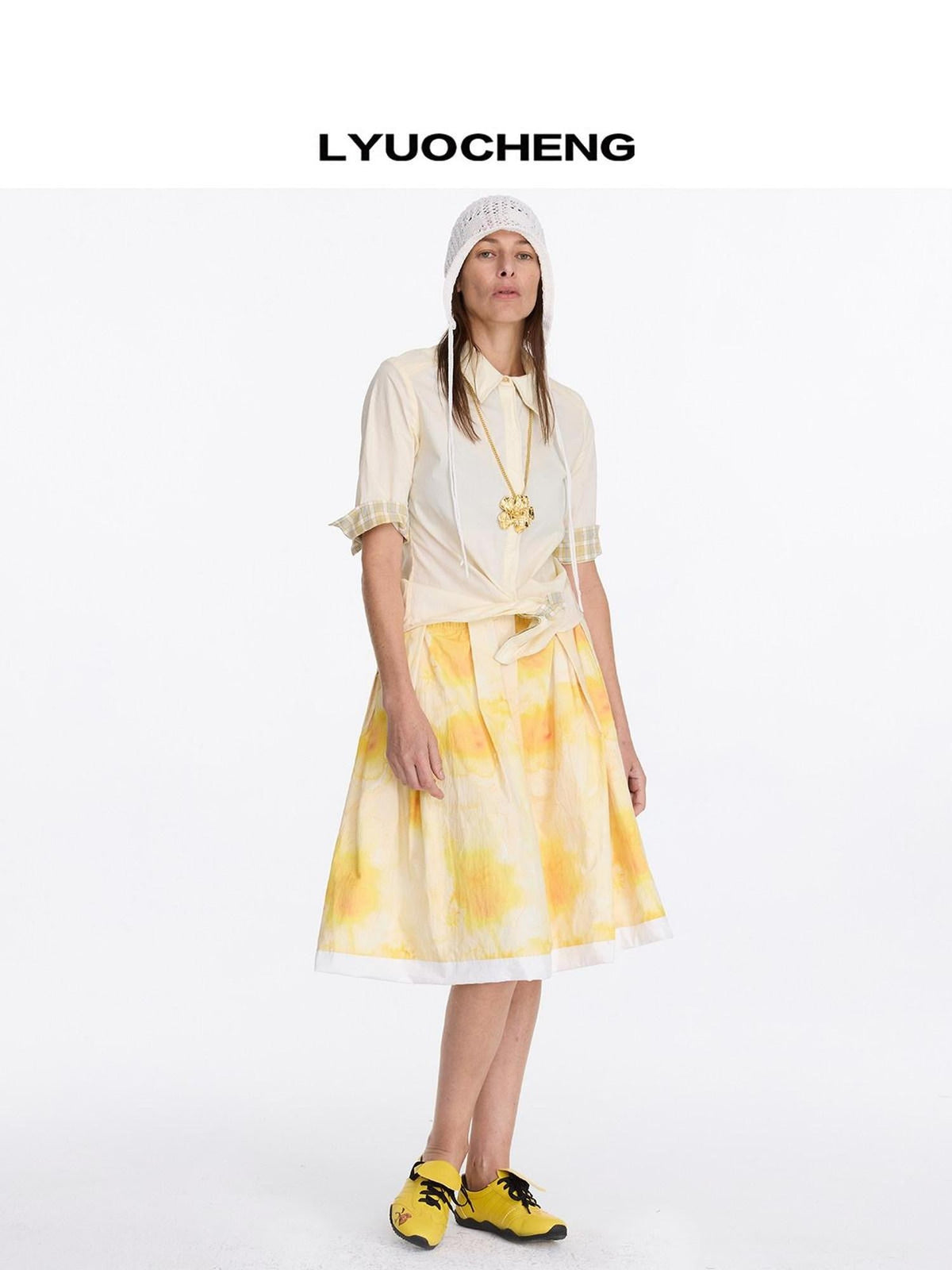 Pale Yellow Plaid Patchwork Collar Women's Lyocell Cotton Short Sleeve T-shirts