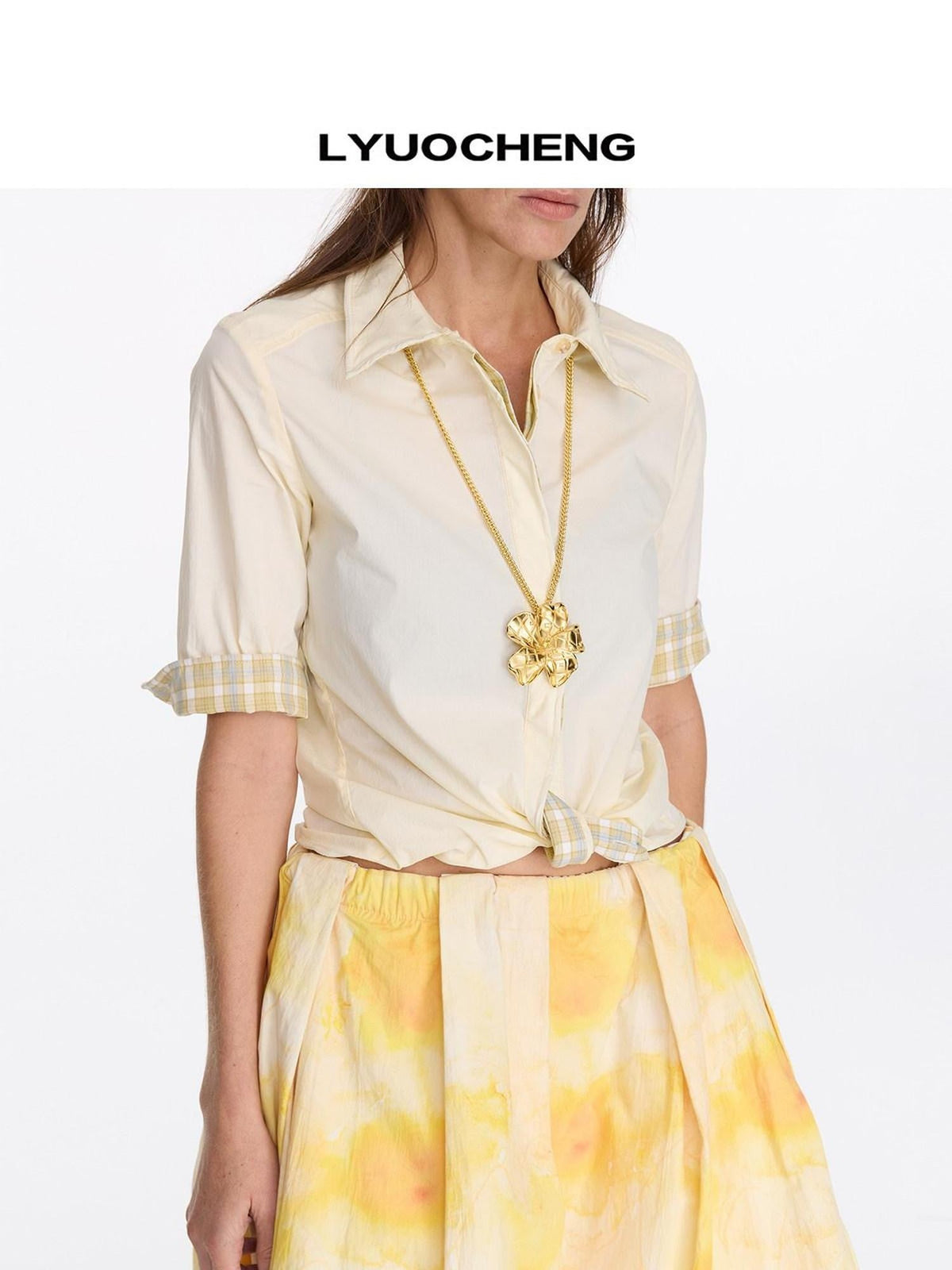 Pale Yellow Plaid Patchwork Collar Women's Lyocell Cotton Short Sleeve T-shirts