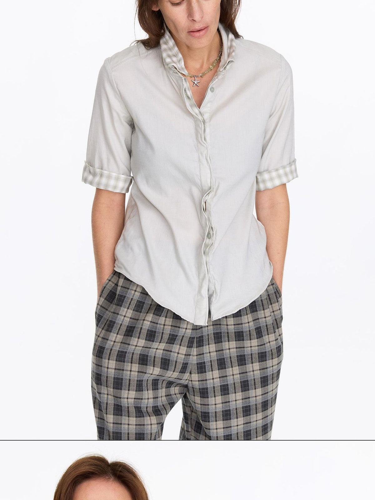 Pale Yellow Plaid Patchwork Collar Women's Lyocell Cotton Short Sleeve T-shirts