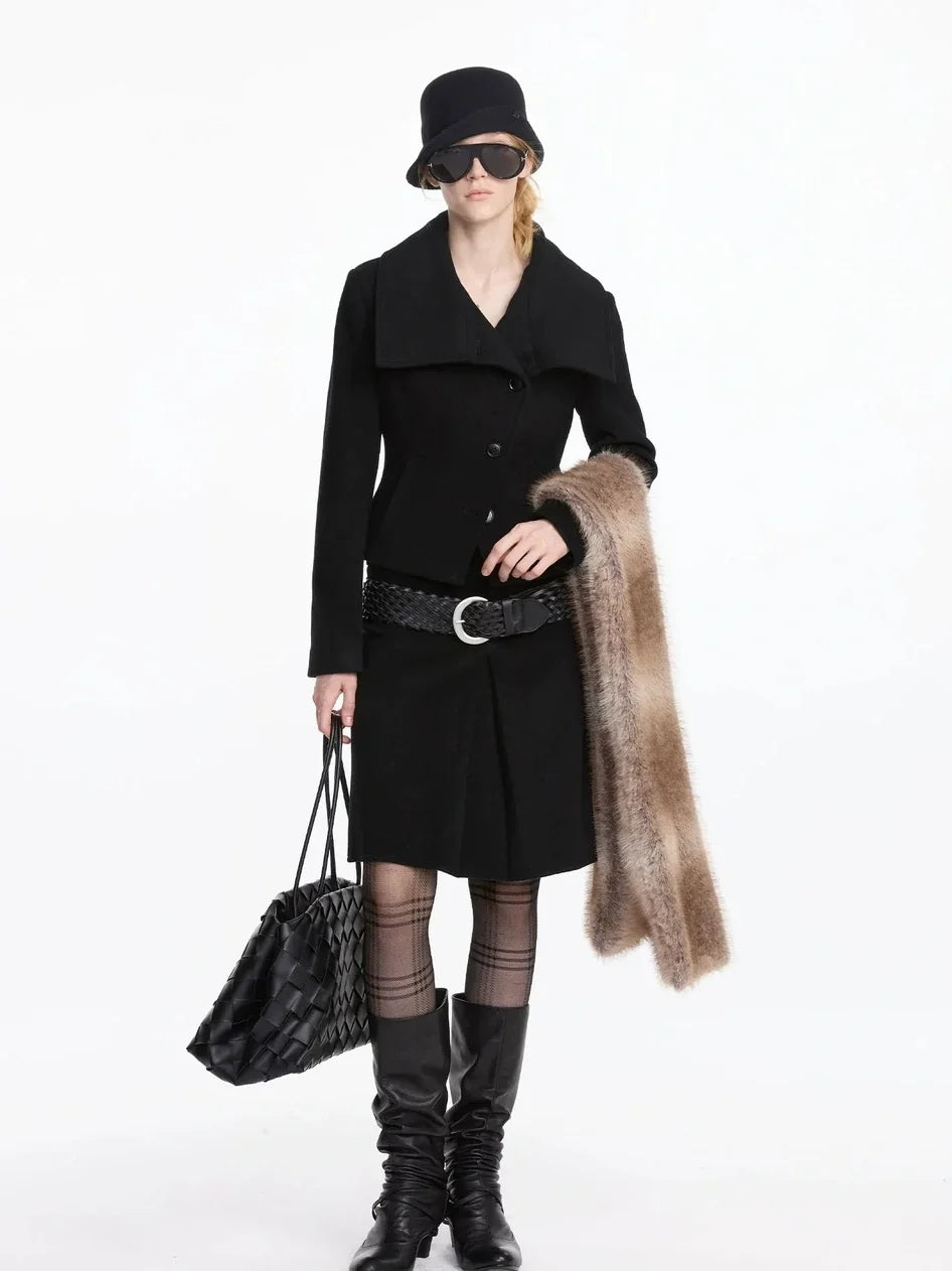 Pleated Wool Blend Midi Skirt