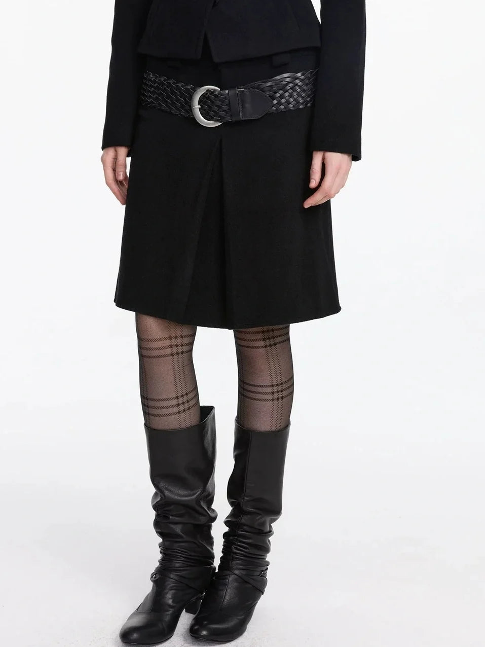 Pleated Wool Blend Midi Skirt