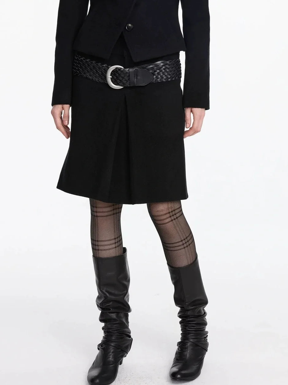 Pleated Wool Blend Midi Skirt
