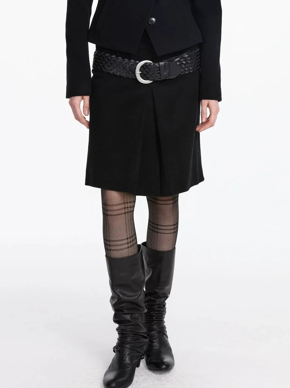 Pleated Wool Blend Midi Skirt