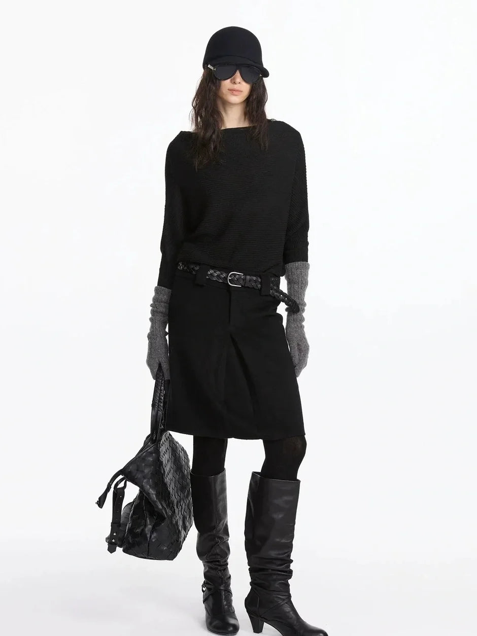 Pleated Wool Blend Midi Skirt
