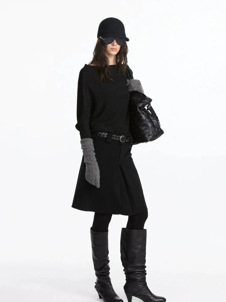 Pleated Wool Blend Midi Skirt