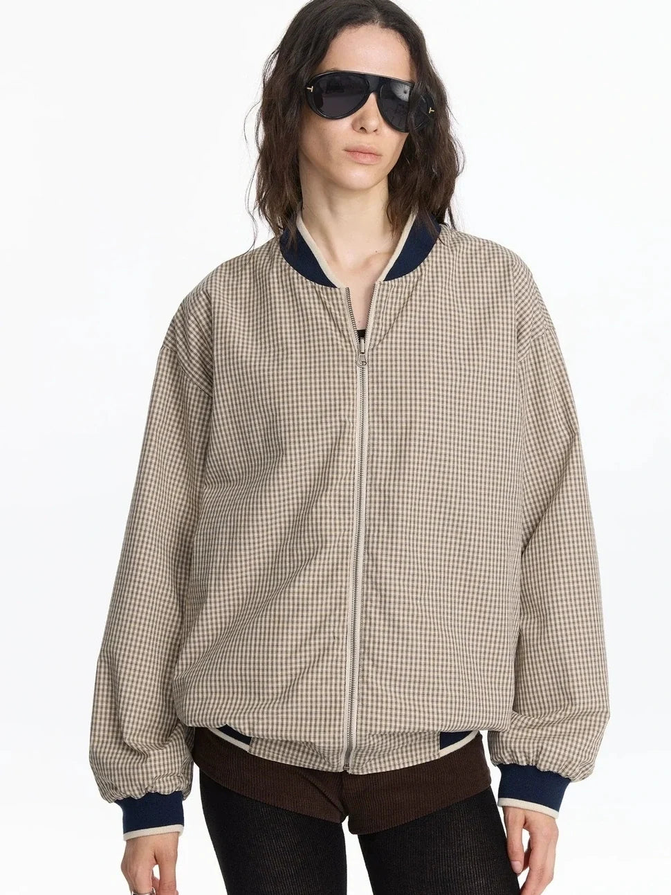 Reversible Plaid Baseball Jacket In Khaki And Purple