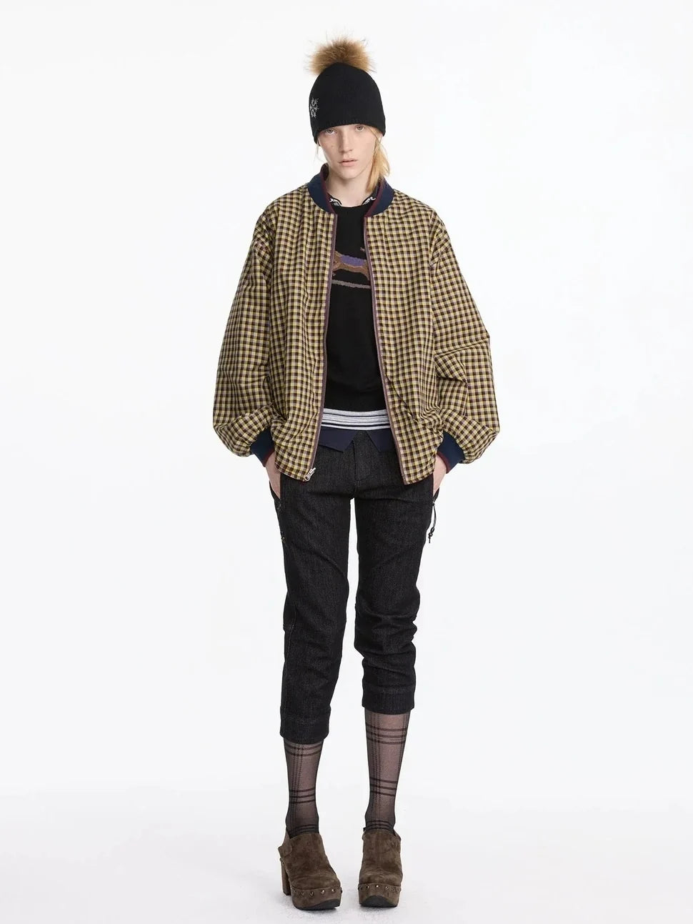 Reversible Plaid Baseball Jacket In Khaki And Purple