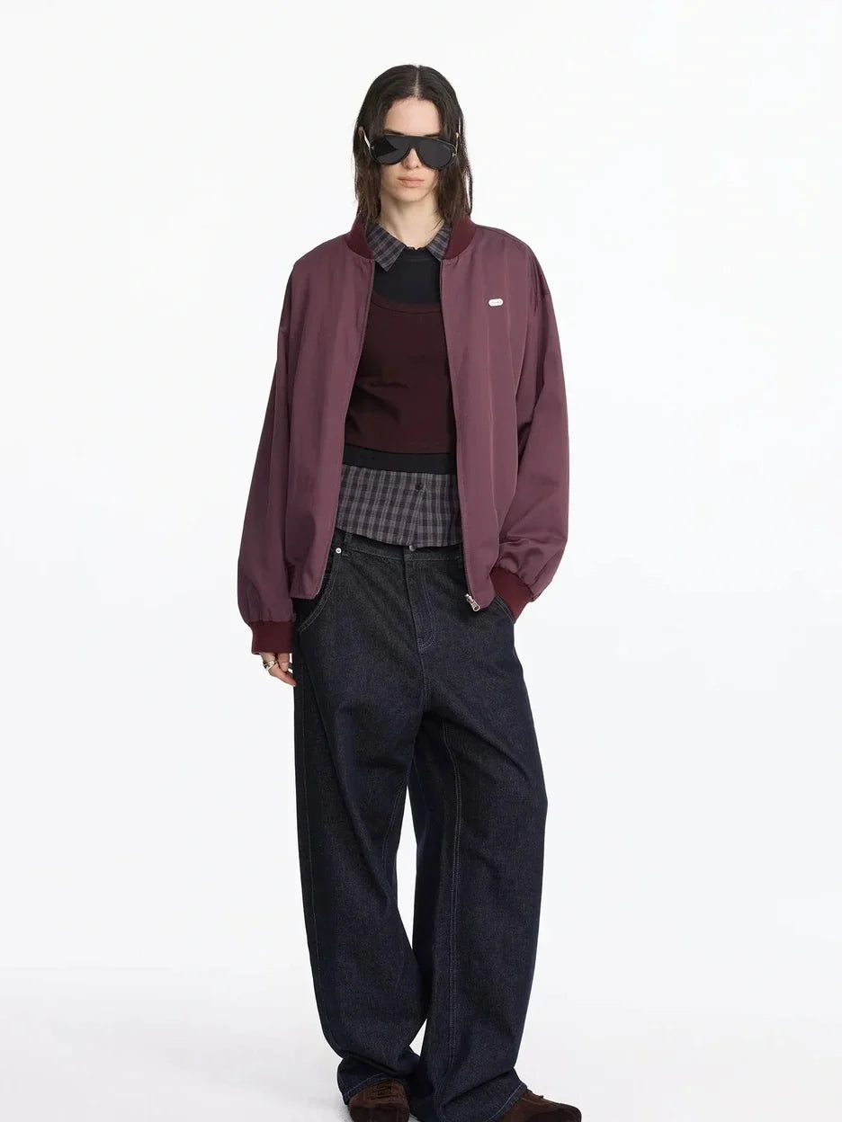 Reversible Plaid Baseball Jacket In Khaki And Purple