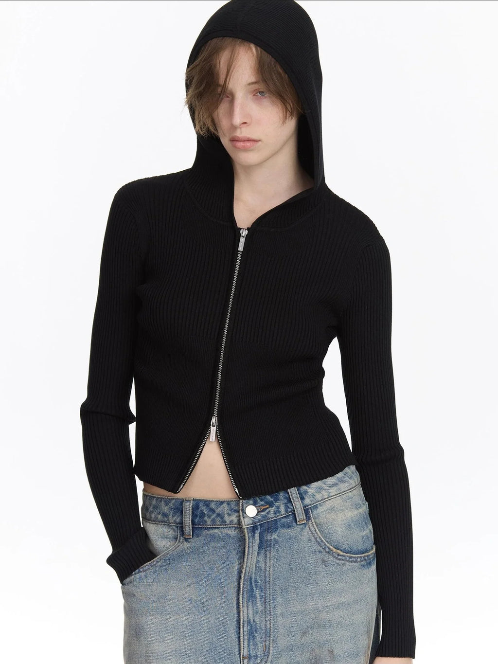 Ribbed Knit Zip Hoodie