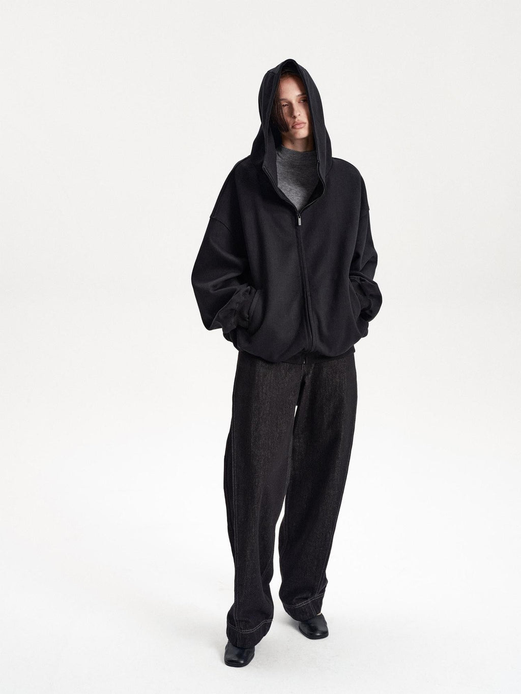 Solid Color Loose Drop Shoulder Cotton Women's Zip-up Hoodies