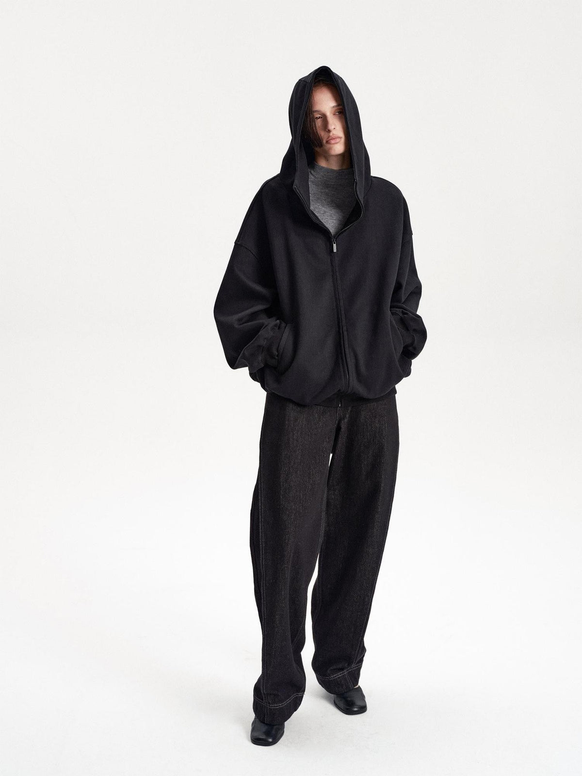 Solid Color Loose Drop Shoulder Cotton Women's Zip-up Hoodies