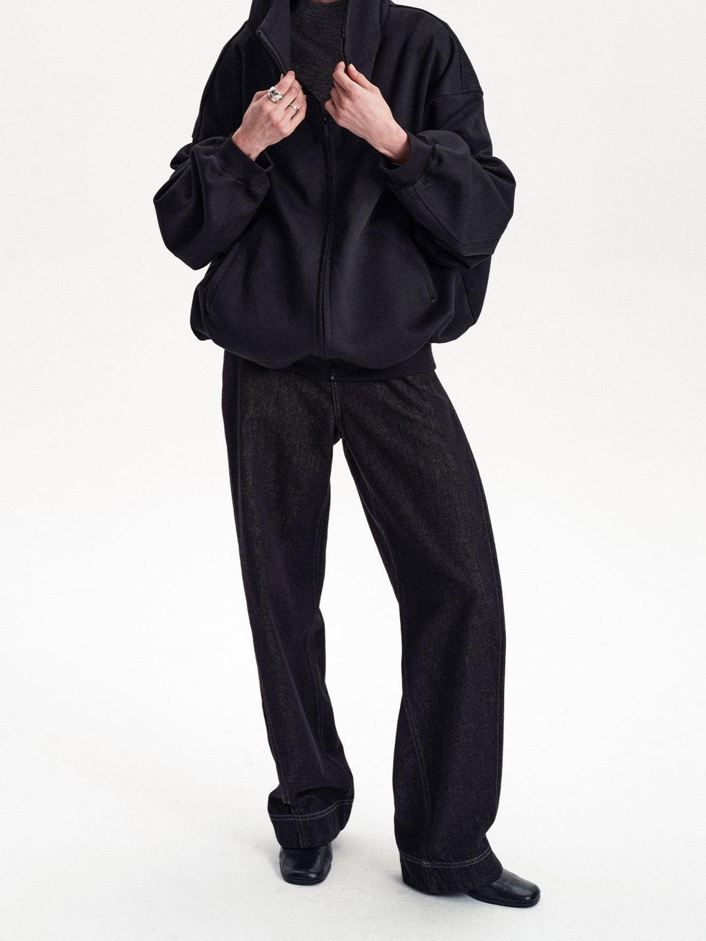Solid Color Loose Drop Shoulder Cotton Women's Zip-up Hoodies