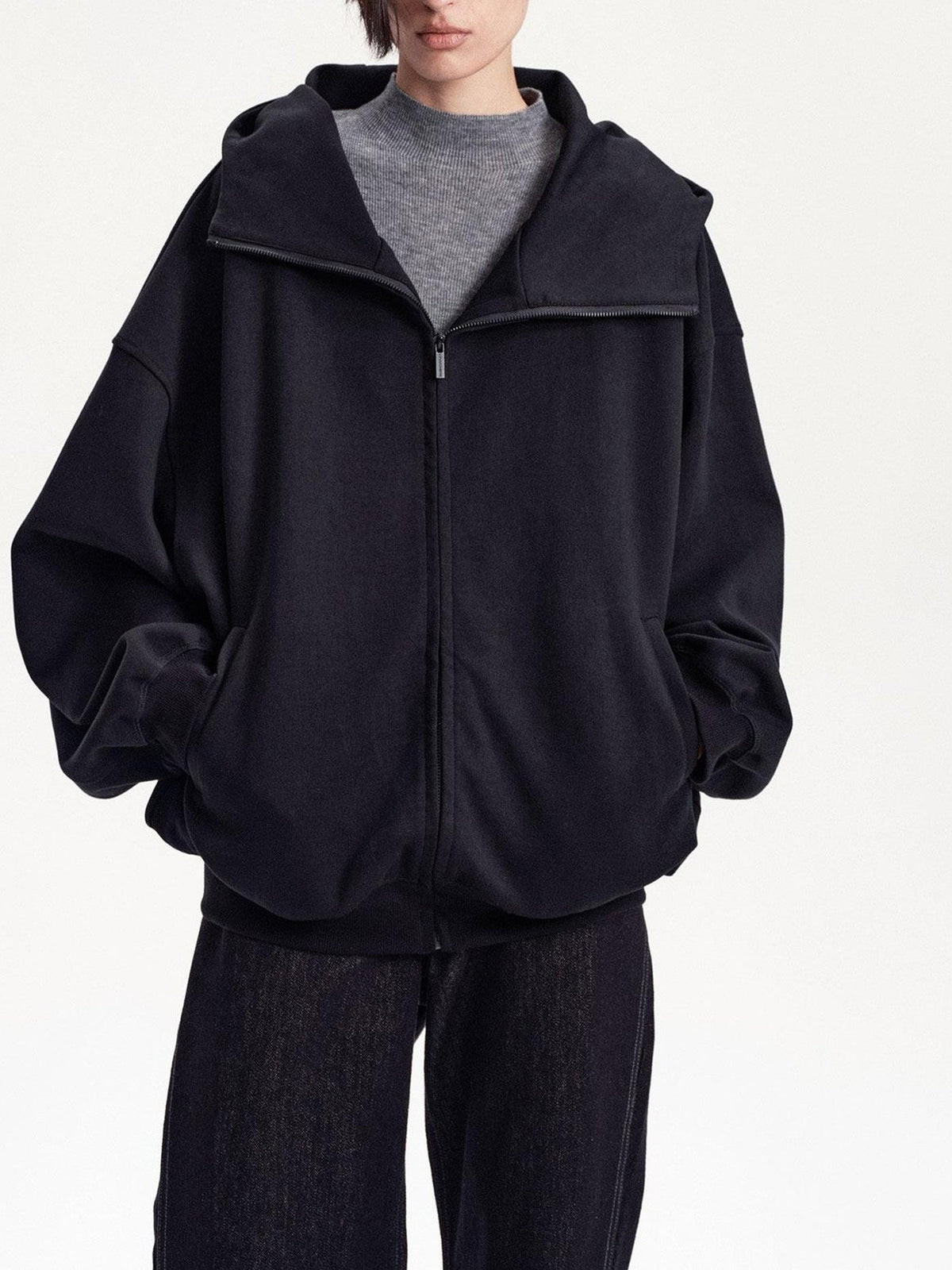 Solid Color Loose Drop Shoulder Cotton Women's Zip-up Hoodies