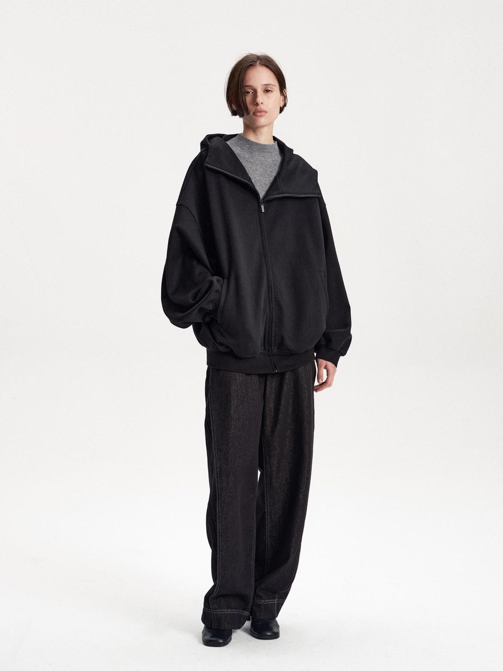 Solid Color Loose Drop Shoulder Cotton Women's Zip-up Hoodies