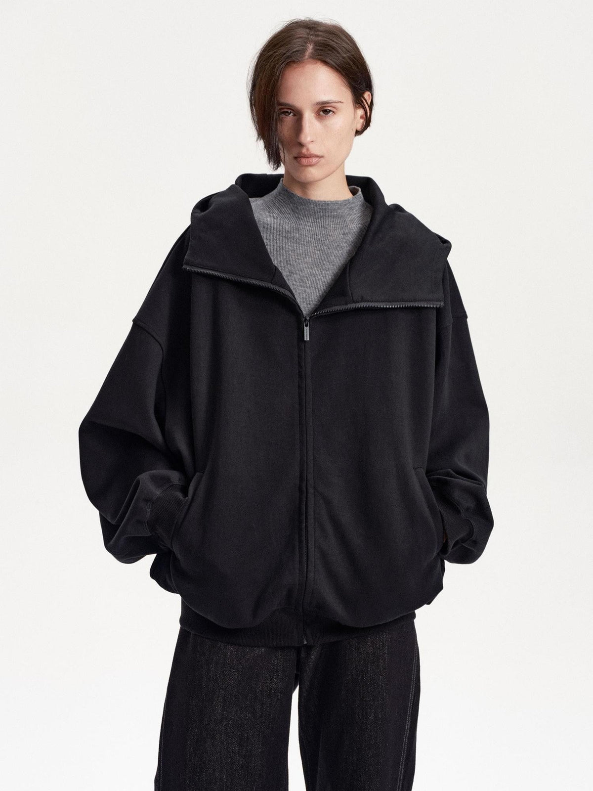 Solid Color Loose Drop Shoulder Cotton Women's Zip-up Hoodies