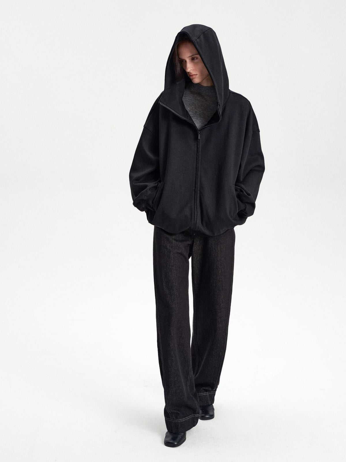 Solid Color Loose Drop Shoulder Cotton Women's Zip-up Hoodies