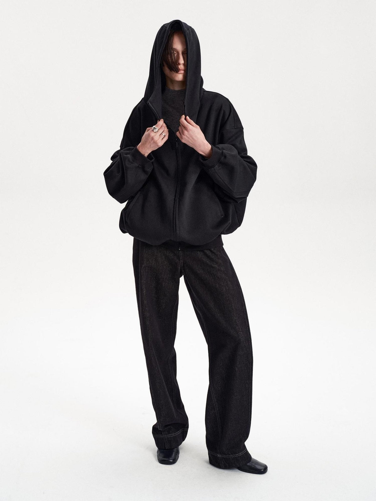 Solid Color Loose Drop Shoulder Cotton Women's Zip-up Hoodies