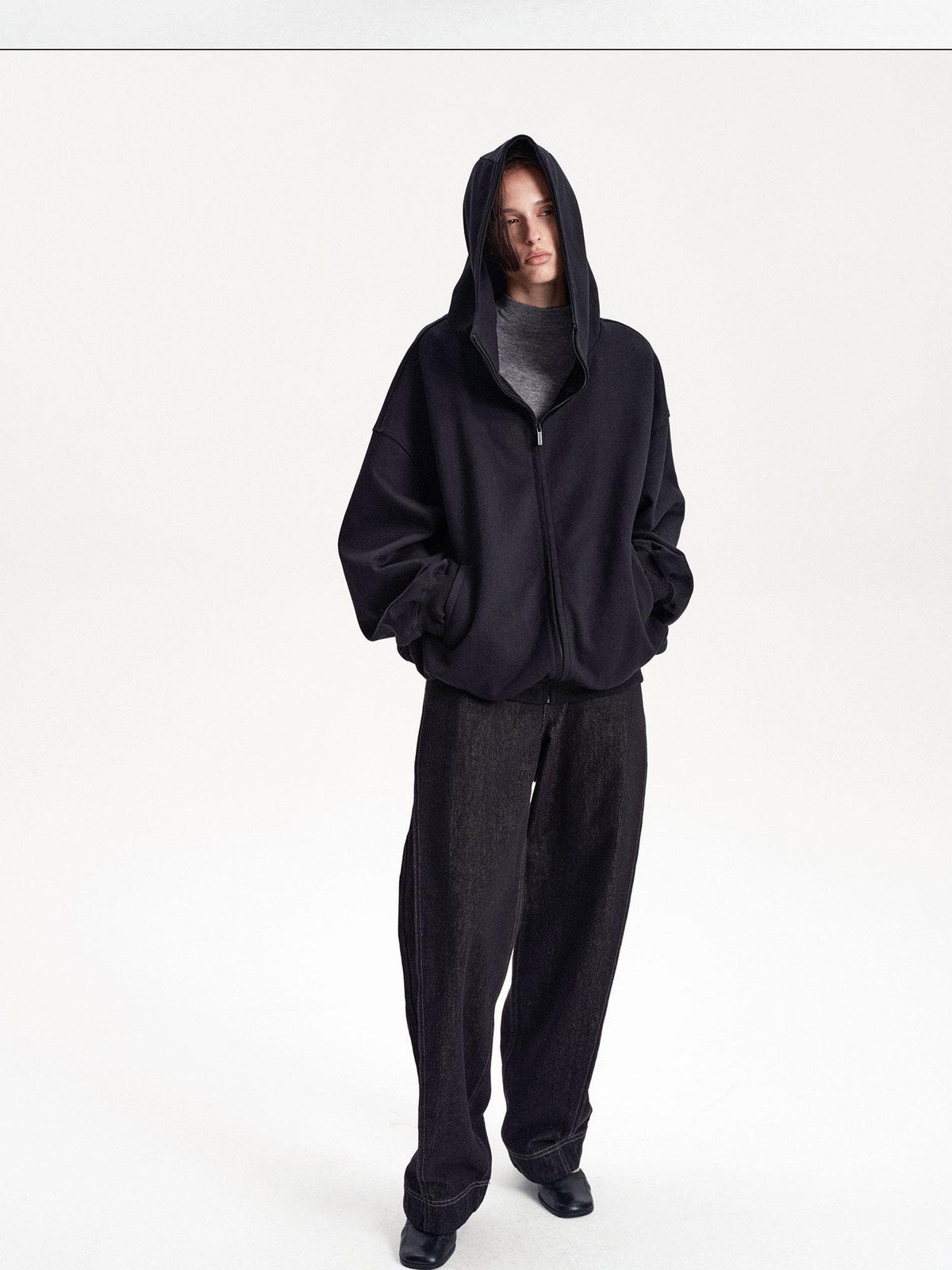 Solid Color Loose Drop Shoulder Cotton Women's Zip-up Hoodies
