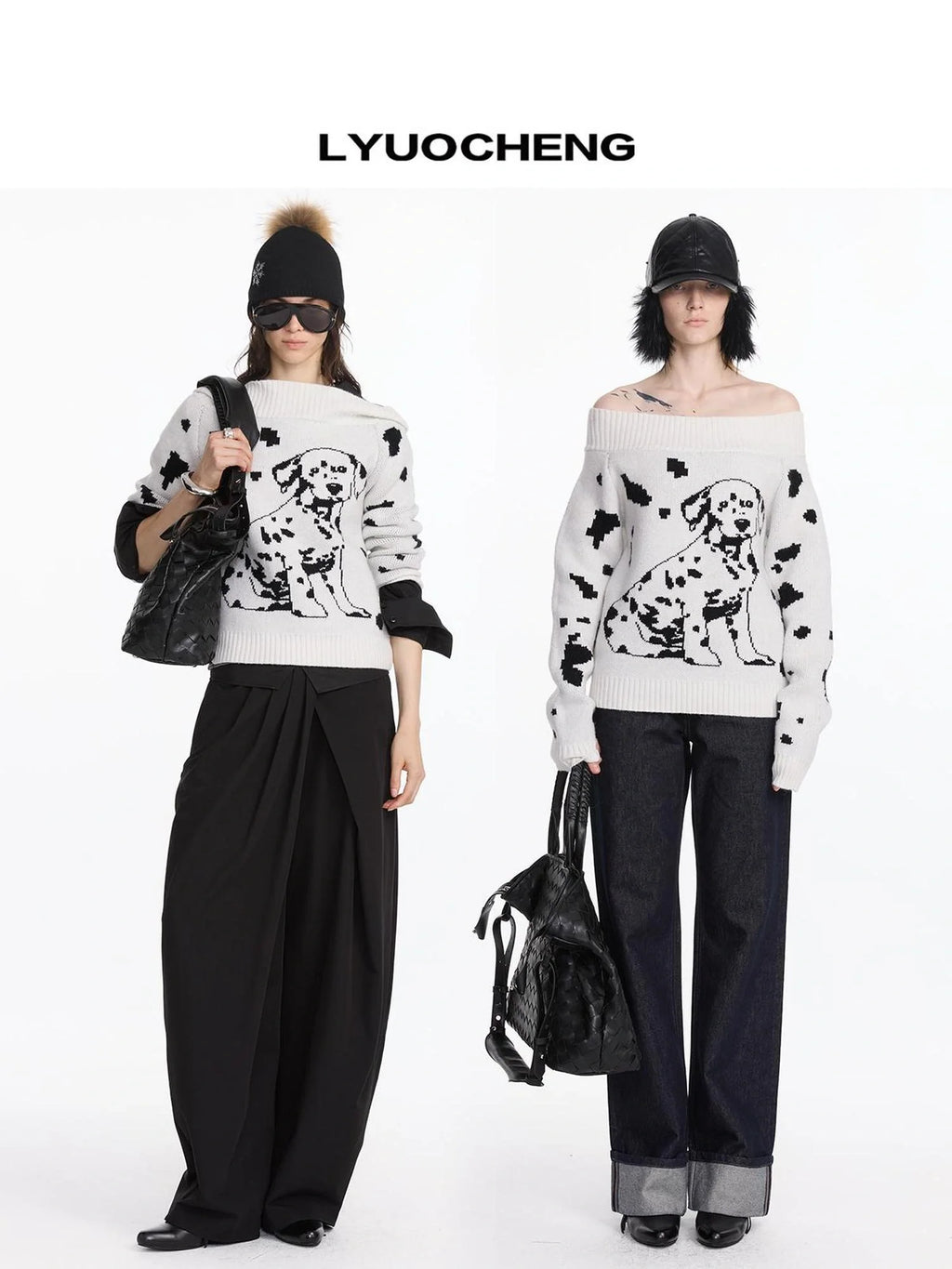 Spotted Dog Off Shoulder Knit Sweater