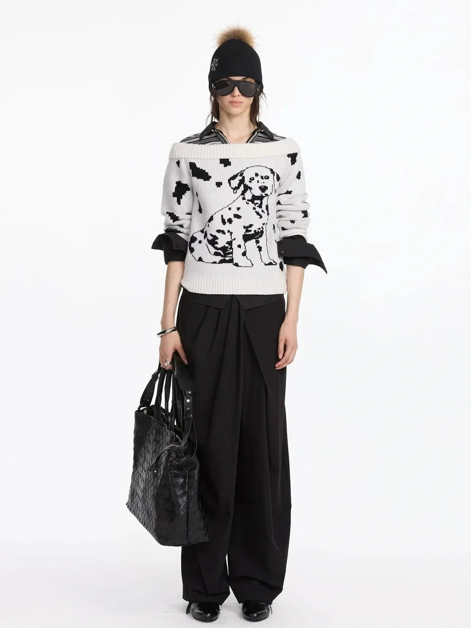Spotted Dog Off Shoulder Knit Sweater