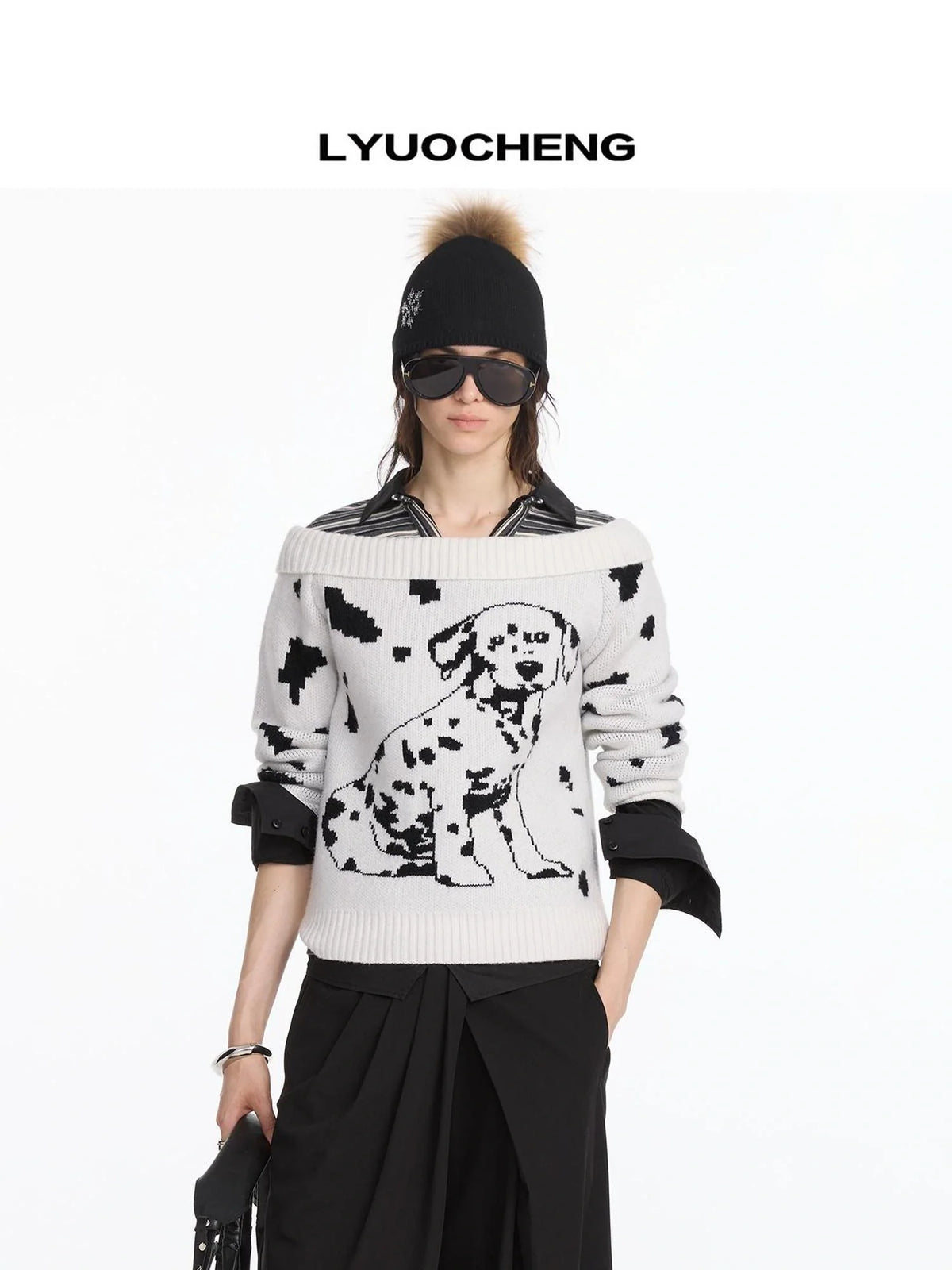 Spotted Dog Off Shoulder Knit Sweater