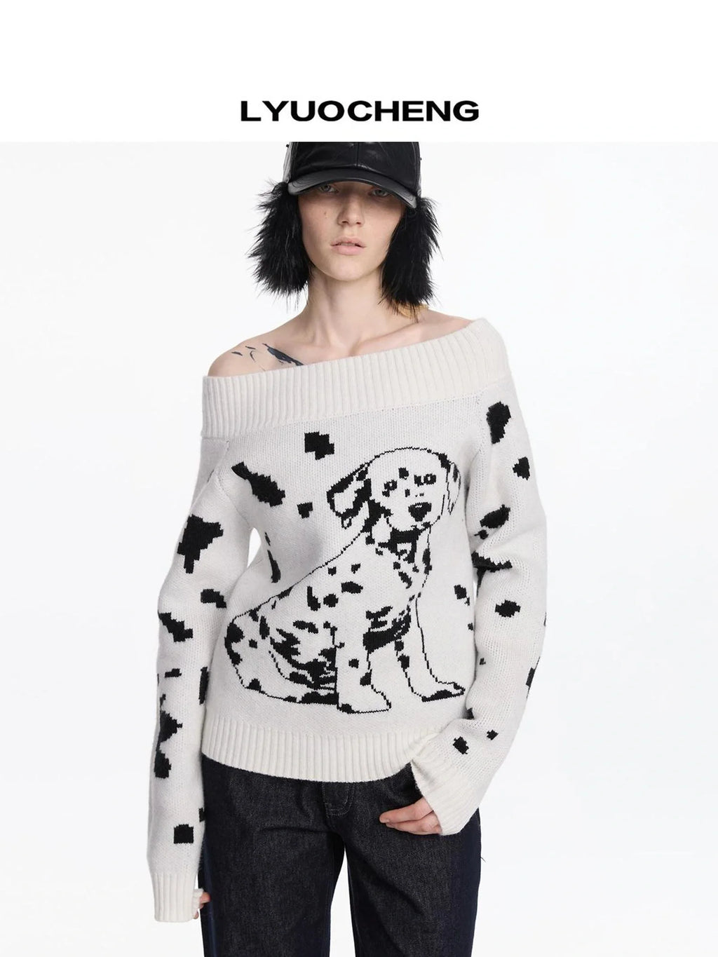 Spotted Dog Off Shoulder Knit Sweater