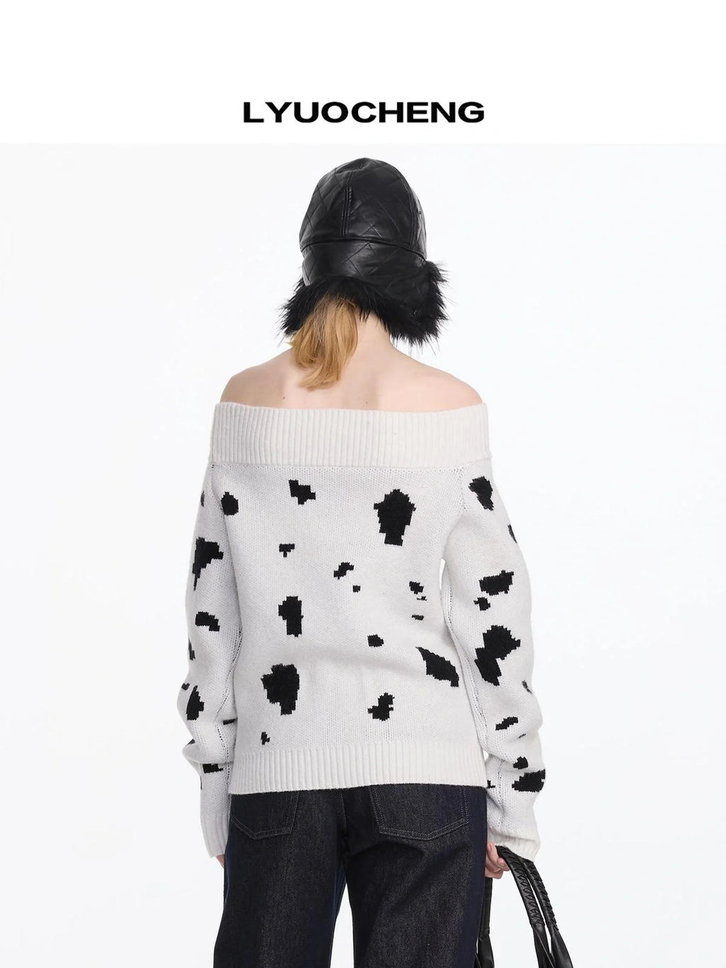 Spotted Dog Off Shoulder Knit Sweater