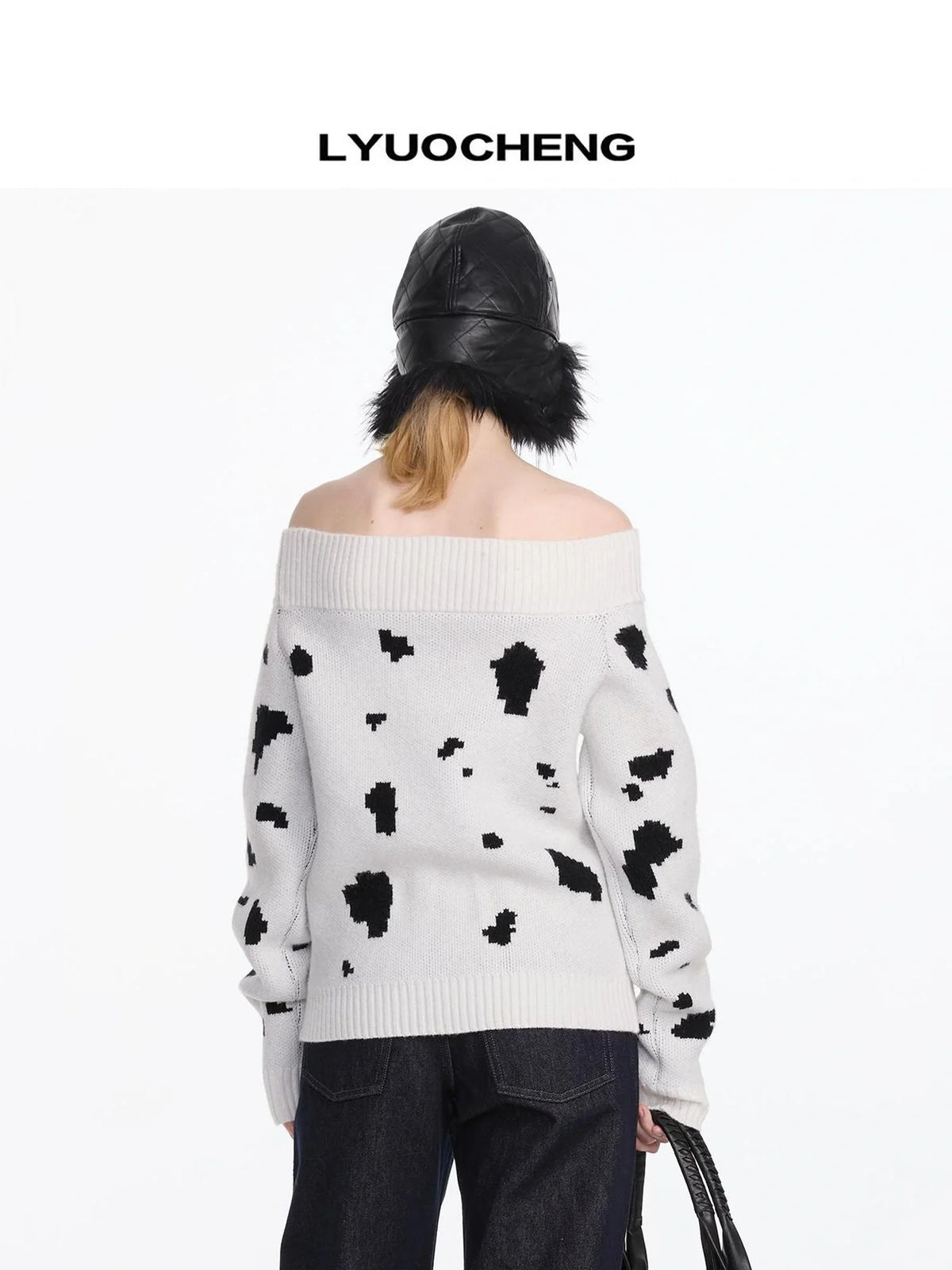 Spotted Dog Off Shoulder Knit Sweater