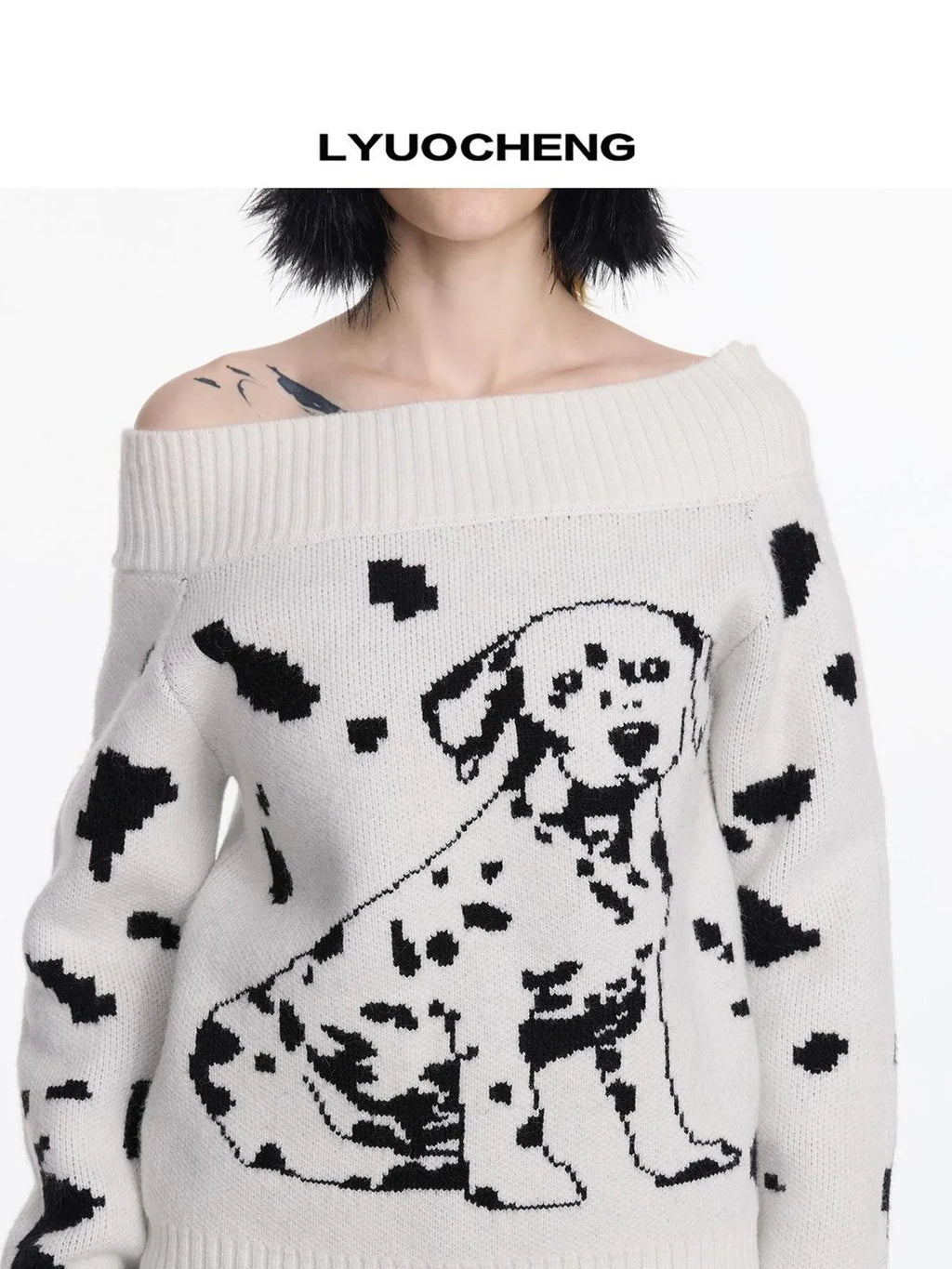 Spotted Dog Off Shoulder Knit Sweater