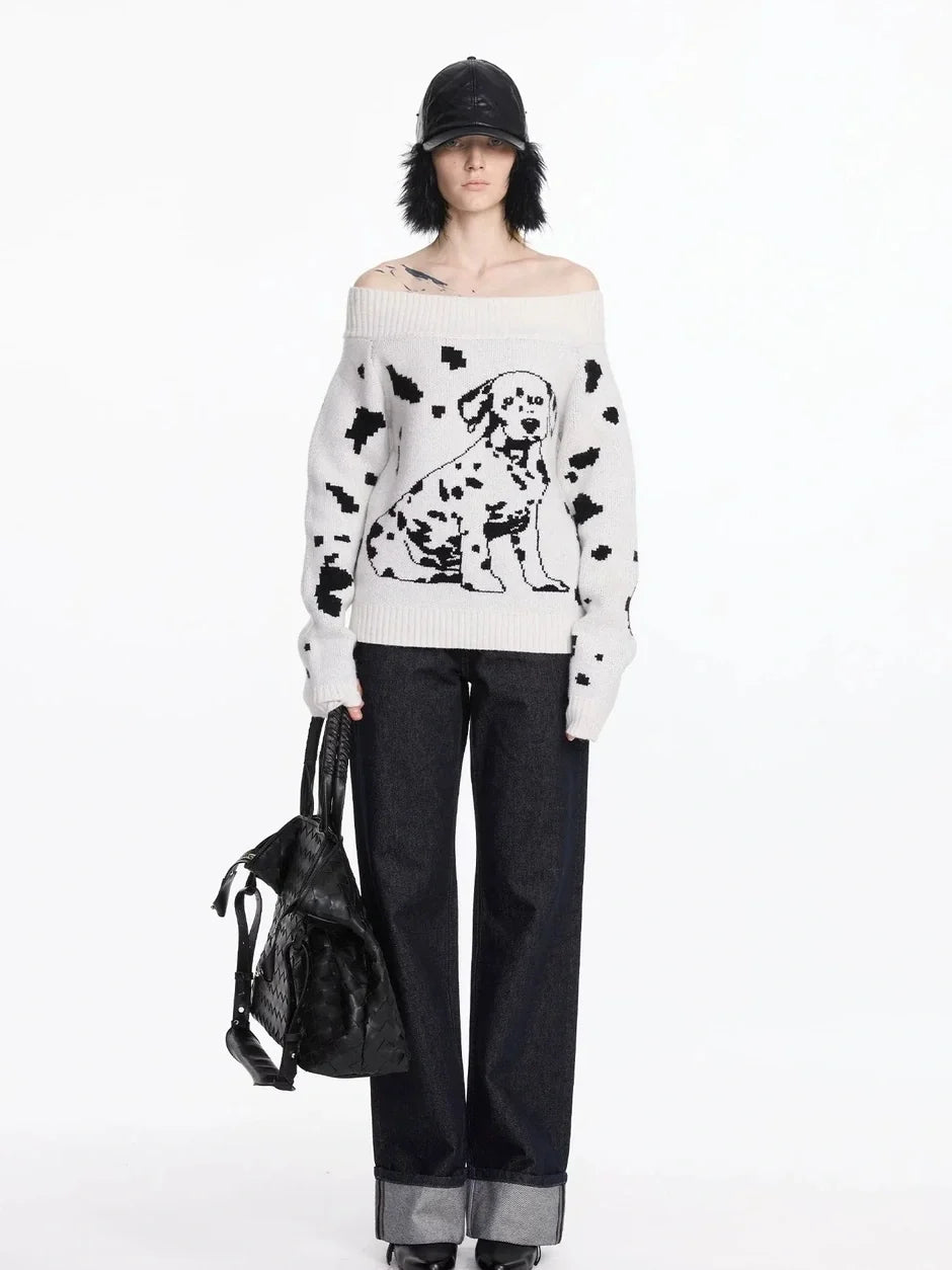 Spotted Dog Off Shoulder Knit Sweater